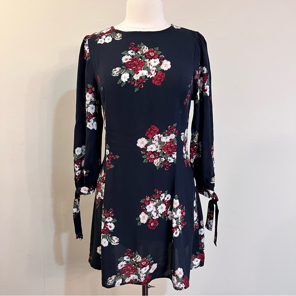 NWT Zara Floral Mini Dress Size L Long Sleeve, Bow Cuffs, Back Zip